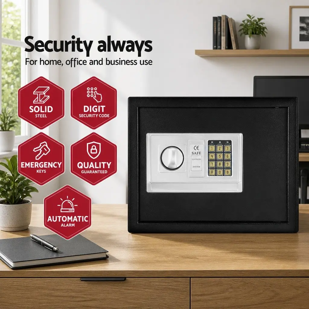 Electronic Digital Safe Box 20L Solid Steel Home Office Security with Keypad and Emergency Key Black