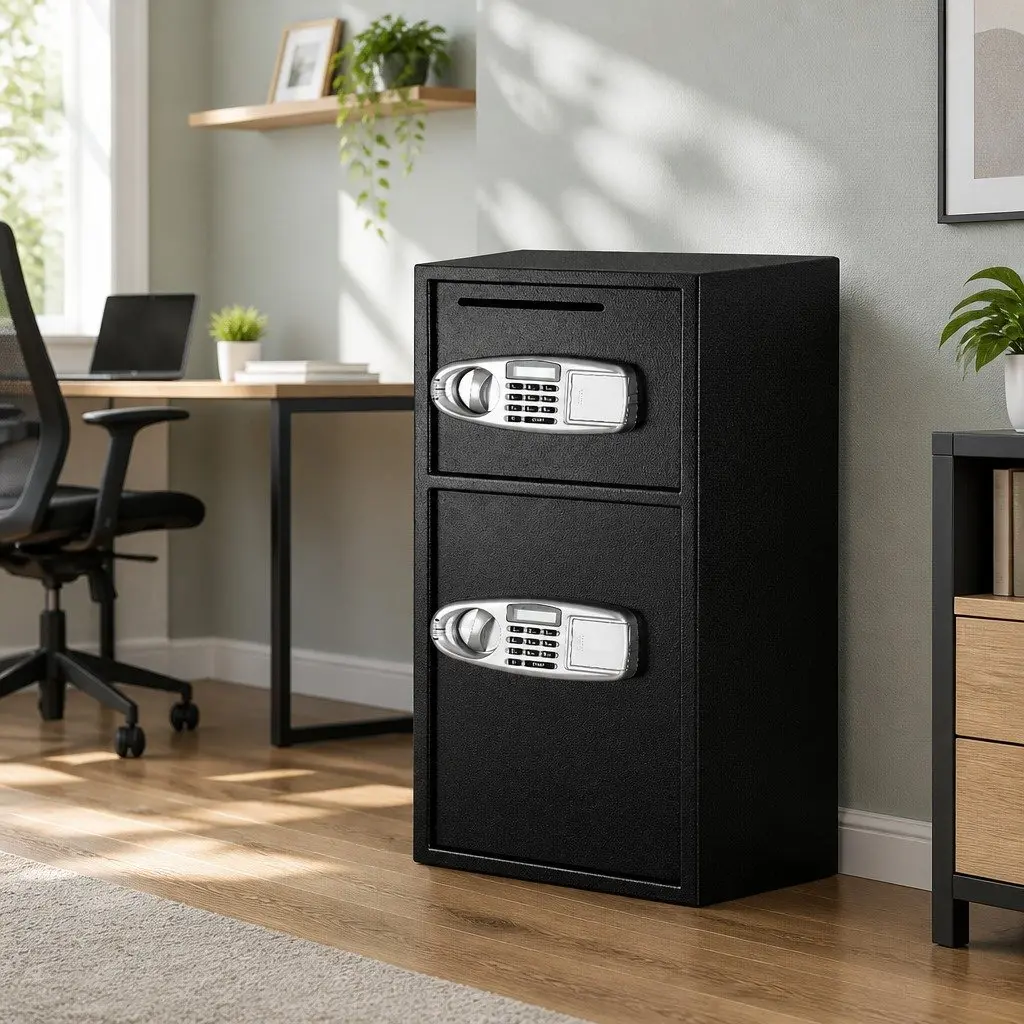 Electronic Digital Security Safe Box Dual Compartment Black Steel Construction