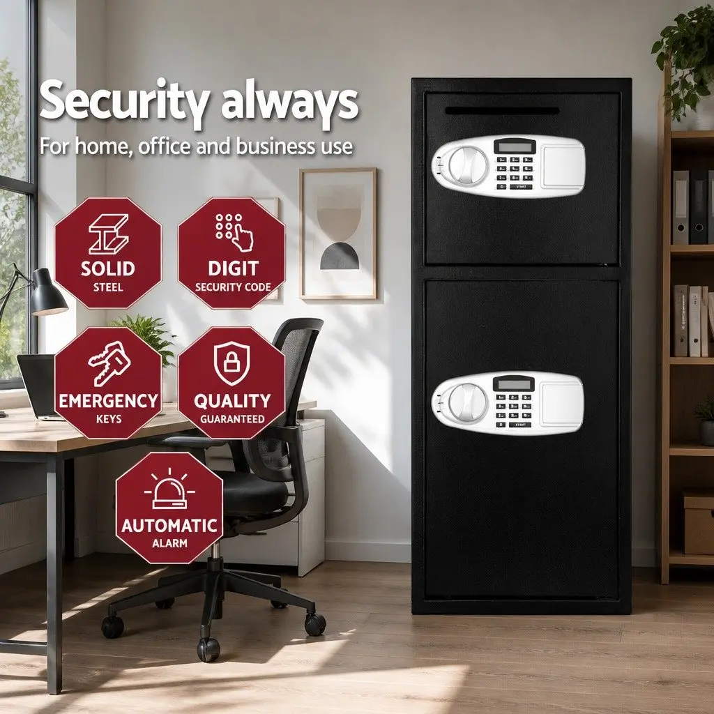 Electronic Digital Security Safe Box Dual Compartment Black Steel Construction