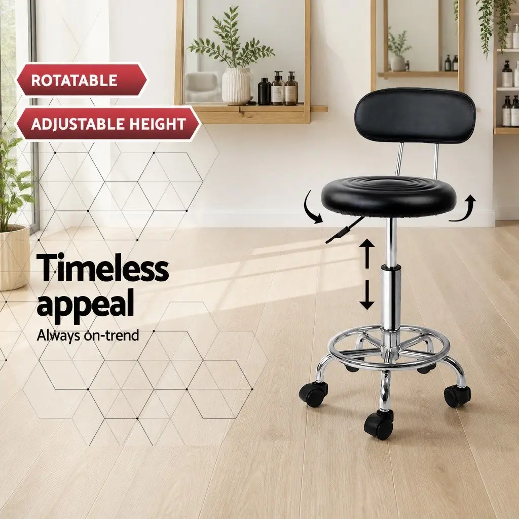 Salon Stool Swivel Chair Adjustable Height with Backrest and Castor Wheels Black