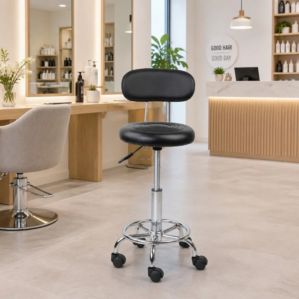 Salon Stool Swivel Chair Black Adjustable Height Backrest PU Leather Upholstery