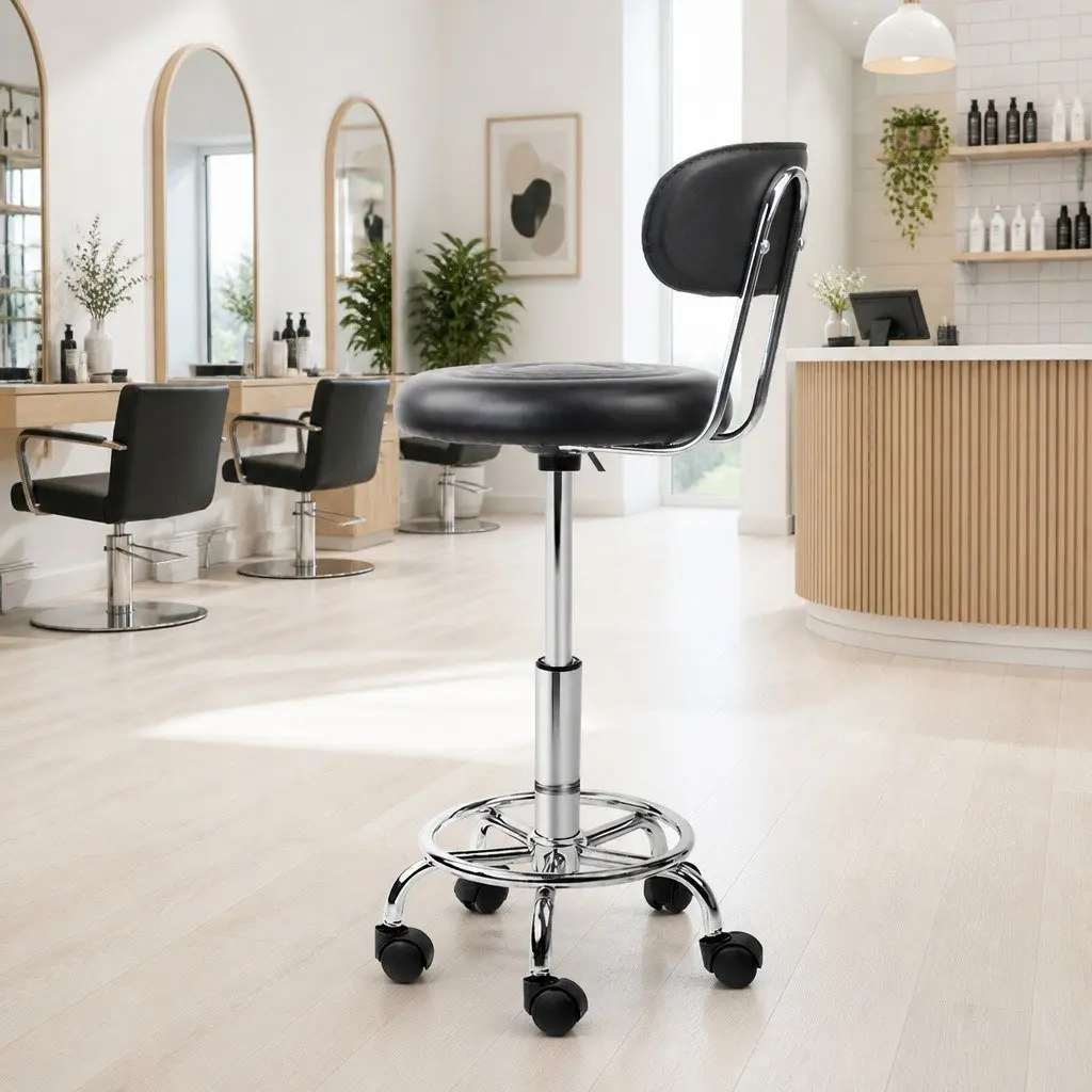 Salon Stool Swivel Chair Black Adjustable Height Backrest PU Leather Upholstery
