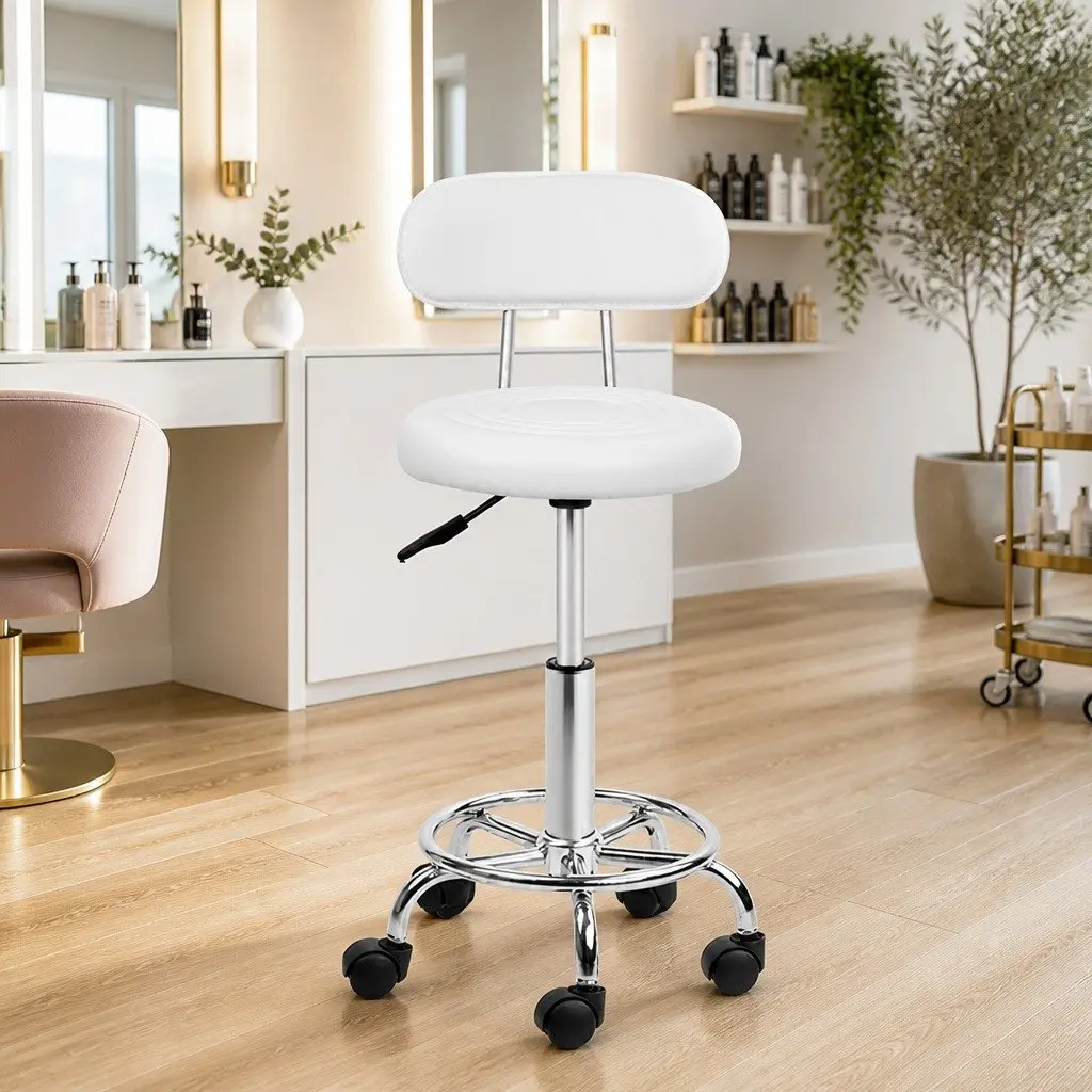 Swivel Stool with Backrest Adjustable Height Round Seat for Salons White