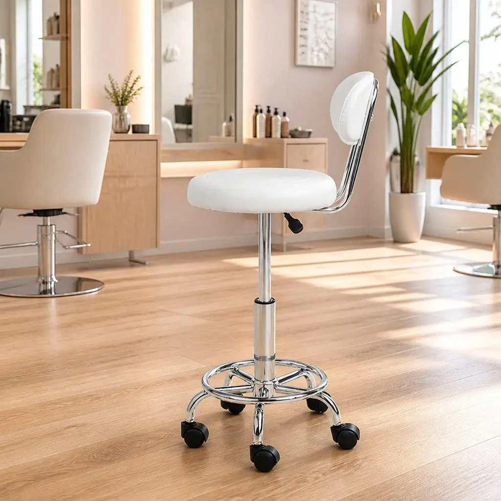 Swivel Stool with Backrest Adjustable Height Round Seat for Salons White