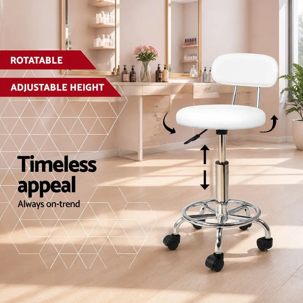 Swivel Stool with Backrest Adjustable Height Round Seat for Salons White