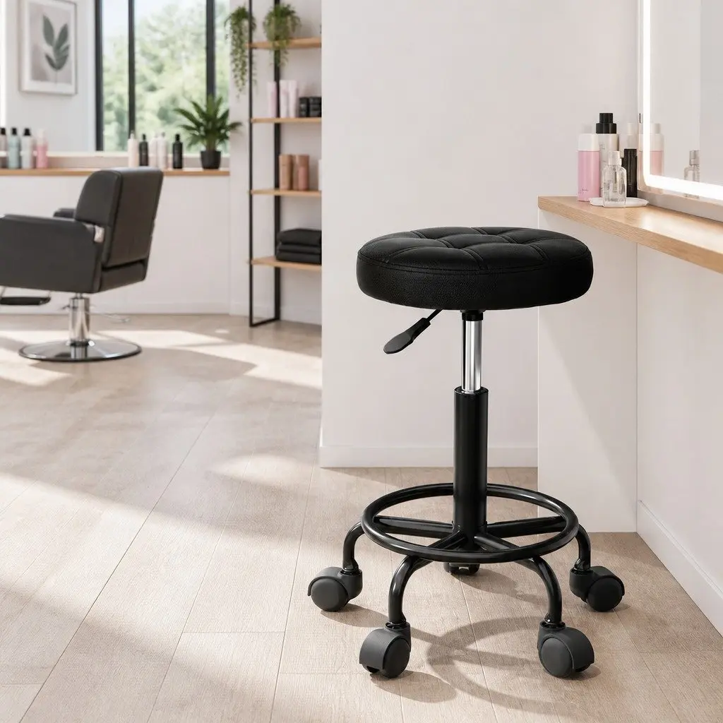 Salon Stool Round Swivel Chair Black Adjustable Height Gas Lift 360 Degree Rotation PU Leather Upholstery Five Castor Wheels