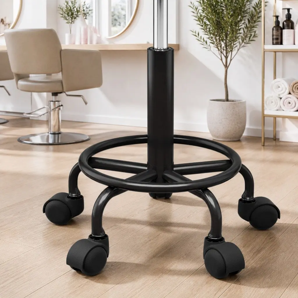 Salon Stool Round Swivel Chair Black Adjustable Height Gas Lift 360 Degree Rotation PU Leather Upholstery Five Castor Wheels