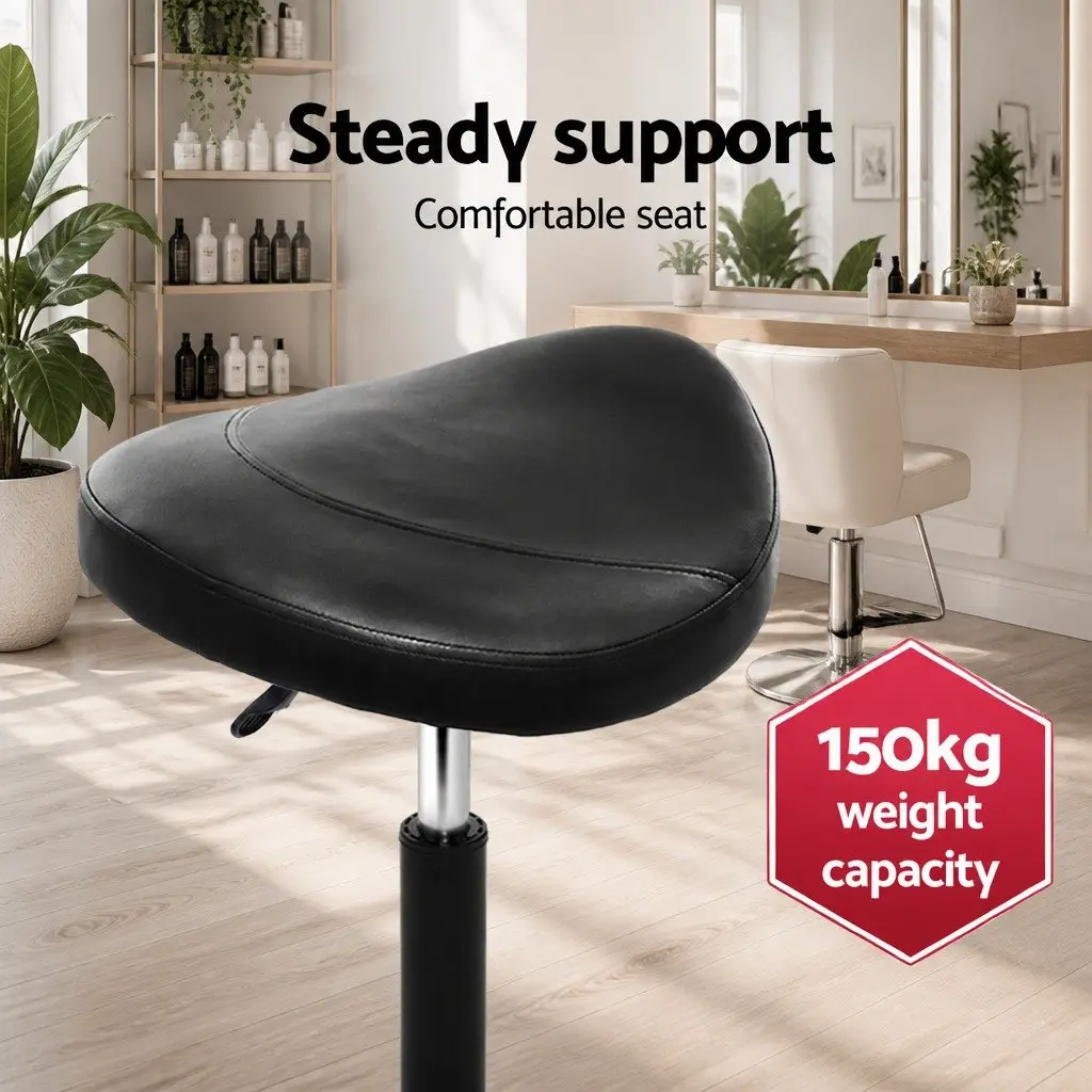 Salon Stool Saddle Seat Black 360° Rotatable Adjustable Height Castor Wheels