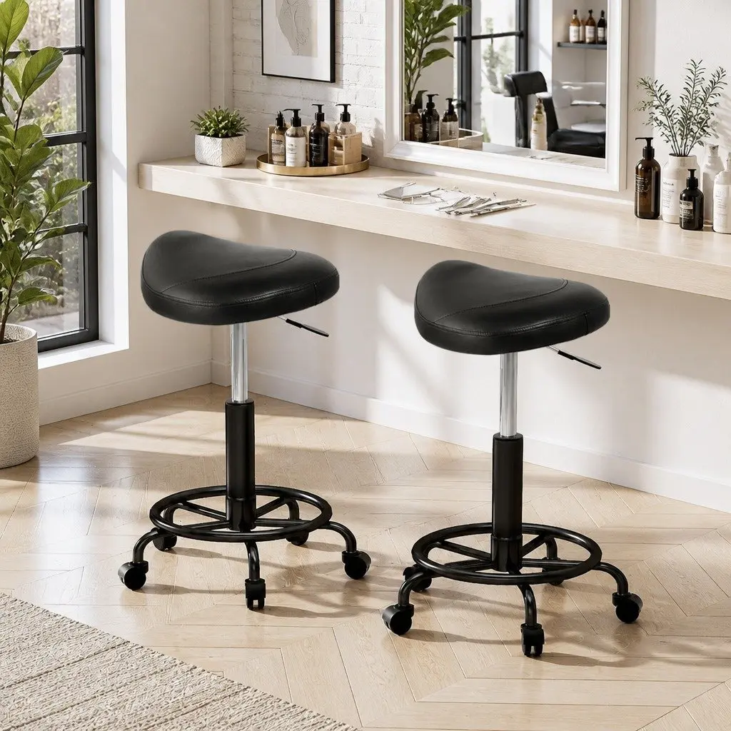 Salon Stool Saddle Seat Black 360° Rotatable Adjustable Height Castor Wheels