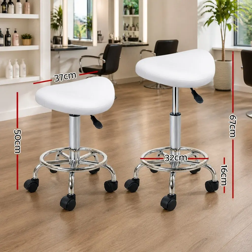 Saddle Stool White 360° Rotatable Adjustable Height Salon Chair with Foam Padding and Castor Wheels