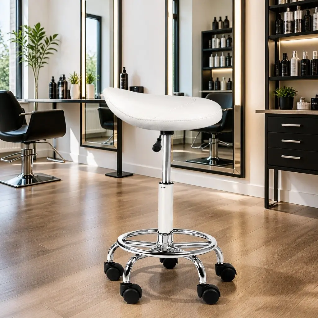 Saddle Stool White 360° Rotatable Adjustable Height Salon Chair with Foam Padding and Castor Wheels