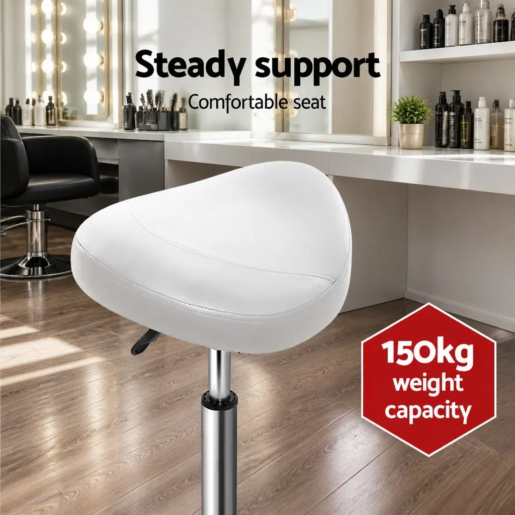 Saddle Stool White 360° Rotatable Adjustable Height Salon Chair with Foam Padding and Castor Wheels