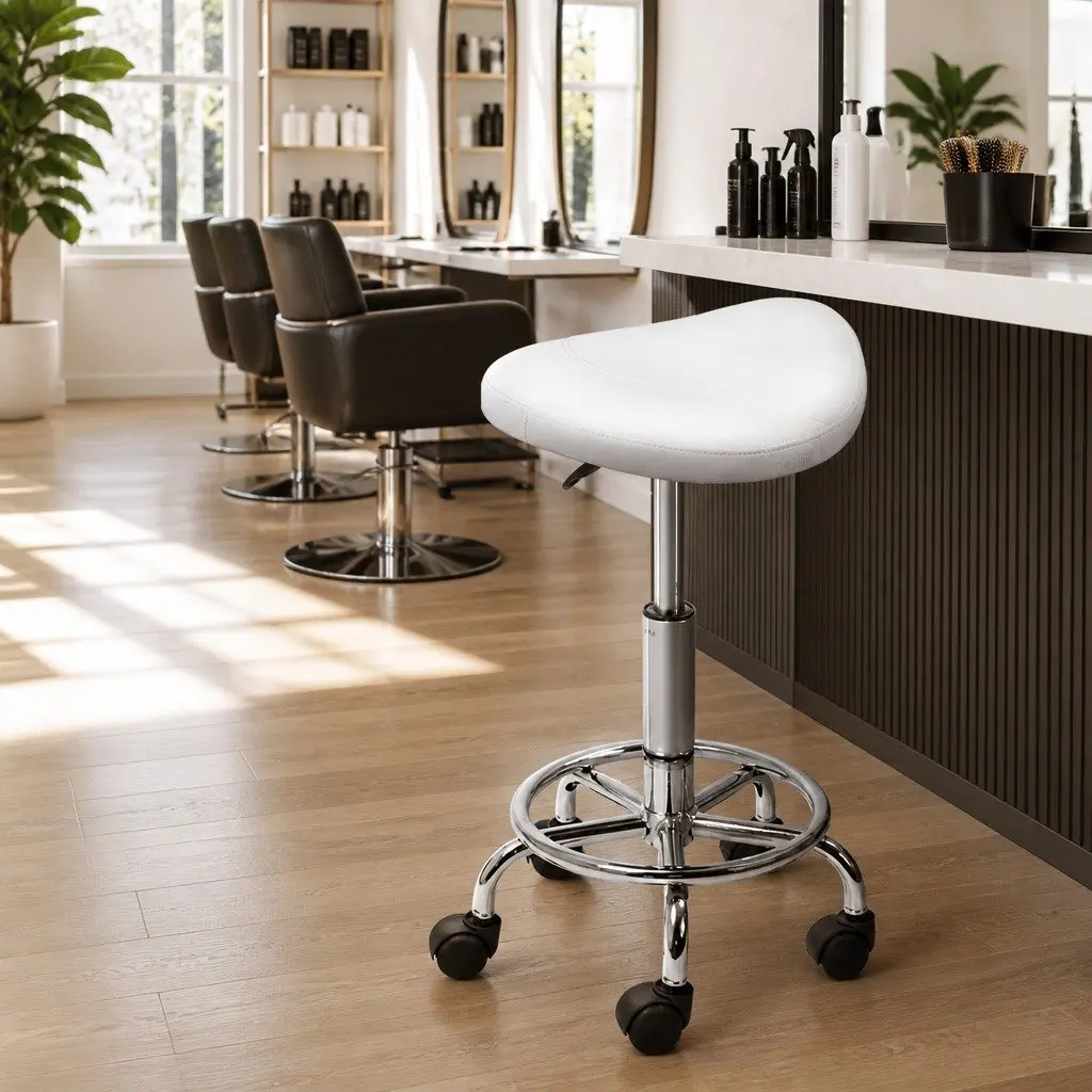 Saddle Stool White 360° Rotatable Adjustable Height Salon Chair with Foam Padding and Castor Wheels