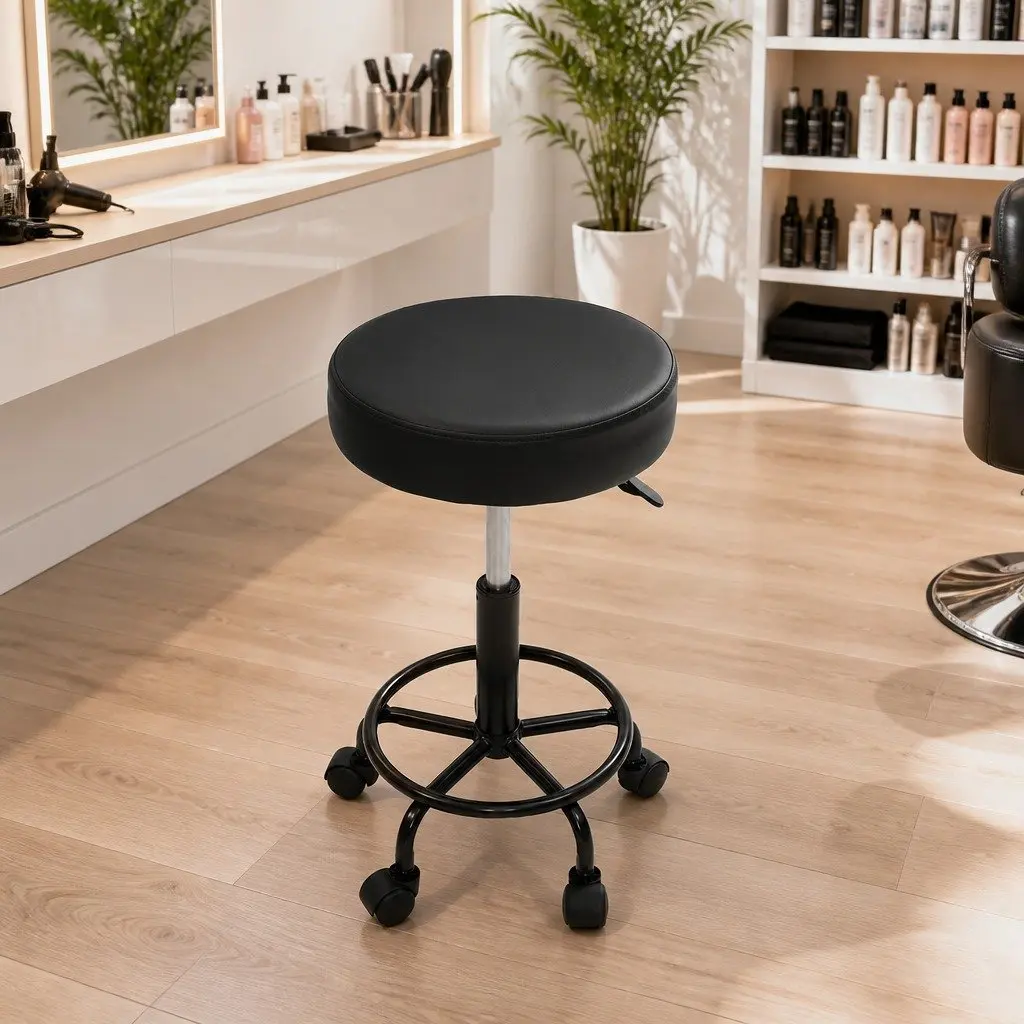 Salon Stool Black Round Swivel Chair Adjustable Height 360 Rotating Castor