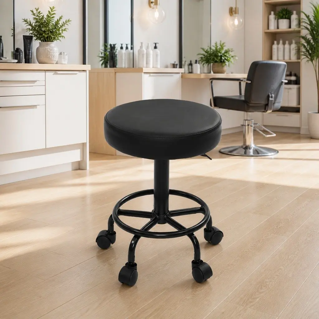 Salon Stool Adjustable Height Round Swivel Chair with Footrest Black PU Leather