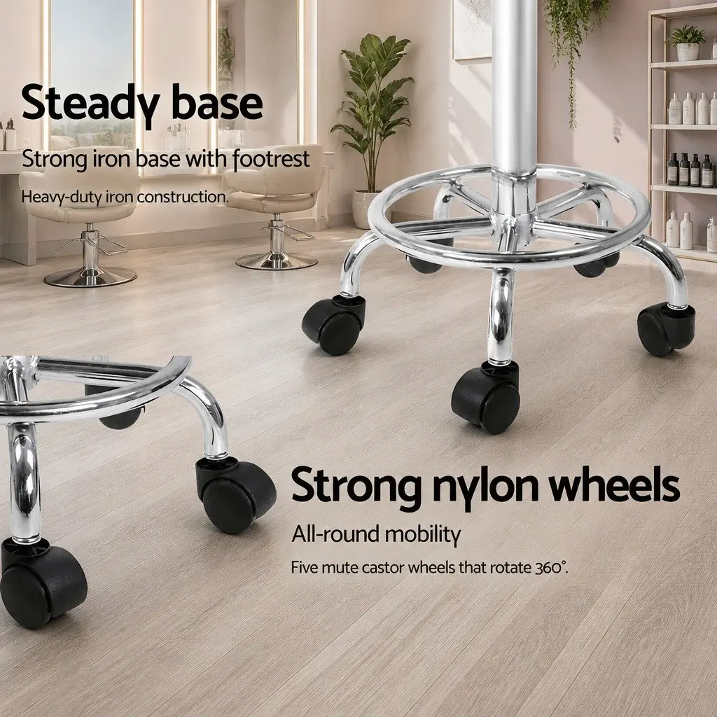 Round Salon Stool White Adjustable Height 360° Swivel with Footrest and Castor Wheels 2 Piece