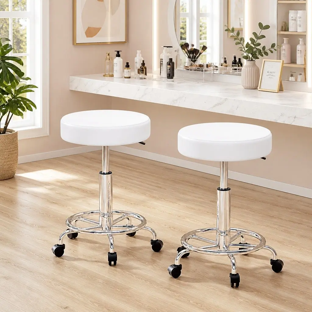 Round Salon Stool White Adjustable Height 360° Swivel with Footrest and Castor Wheels 2 Piece