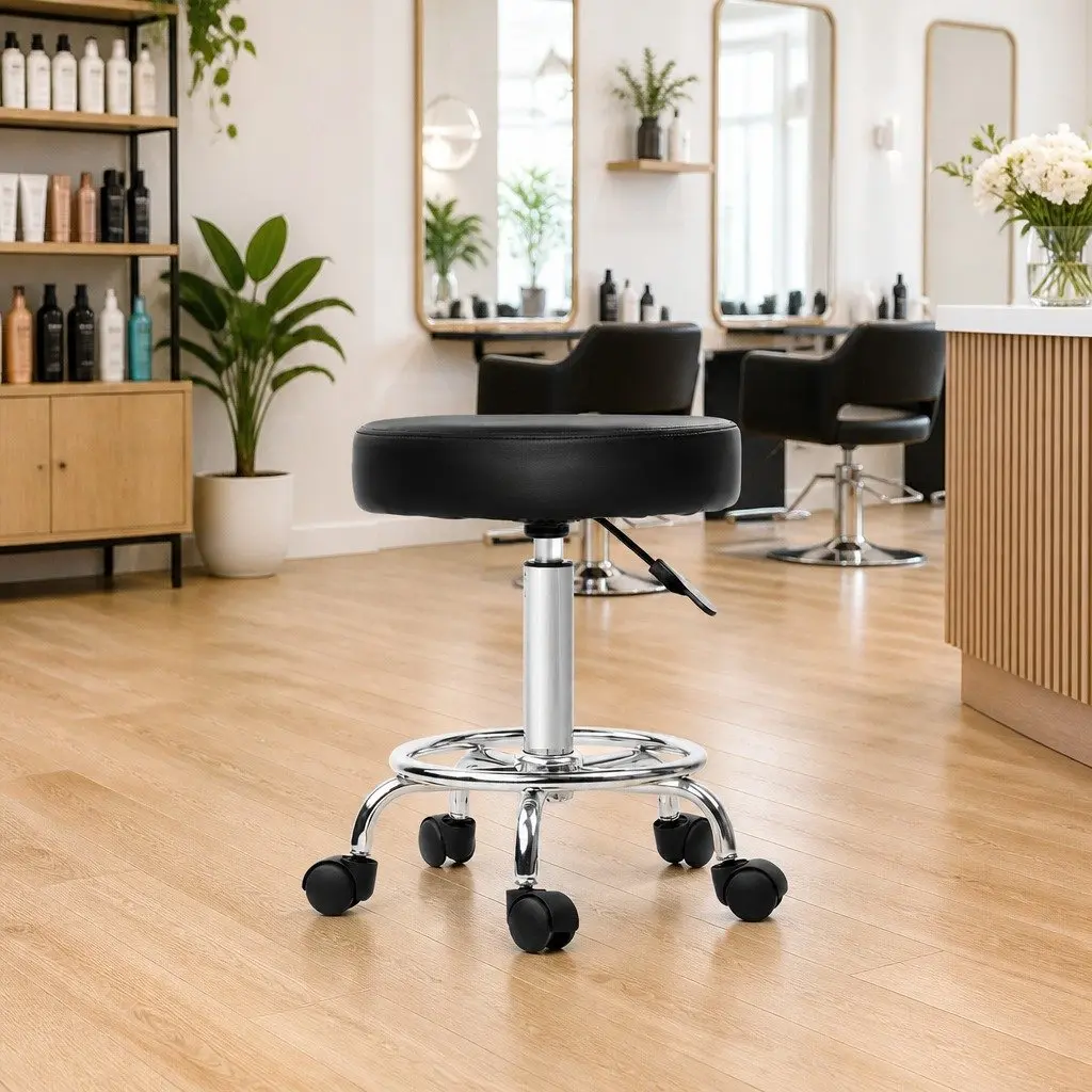 Salon Stool Adjustable Height Round Swivel Chair with Five Castor Wheels Black