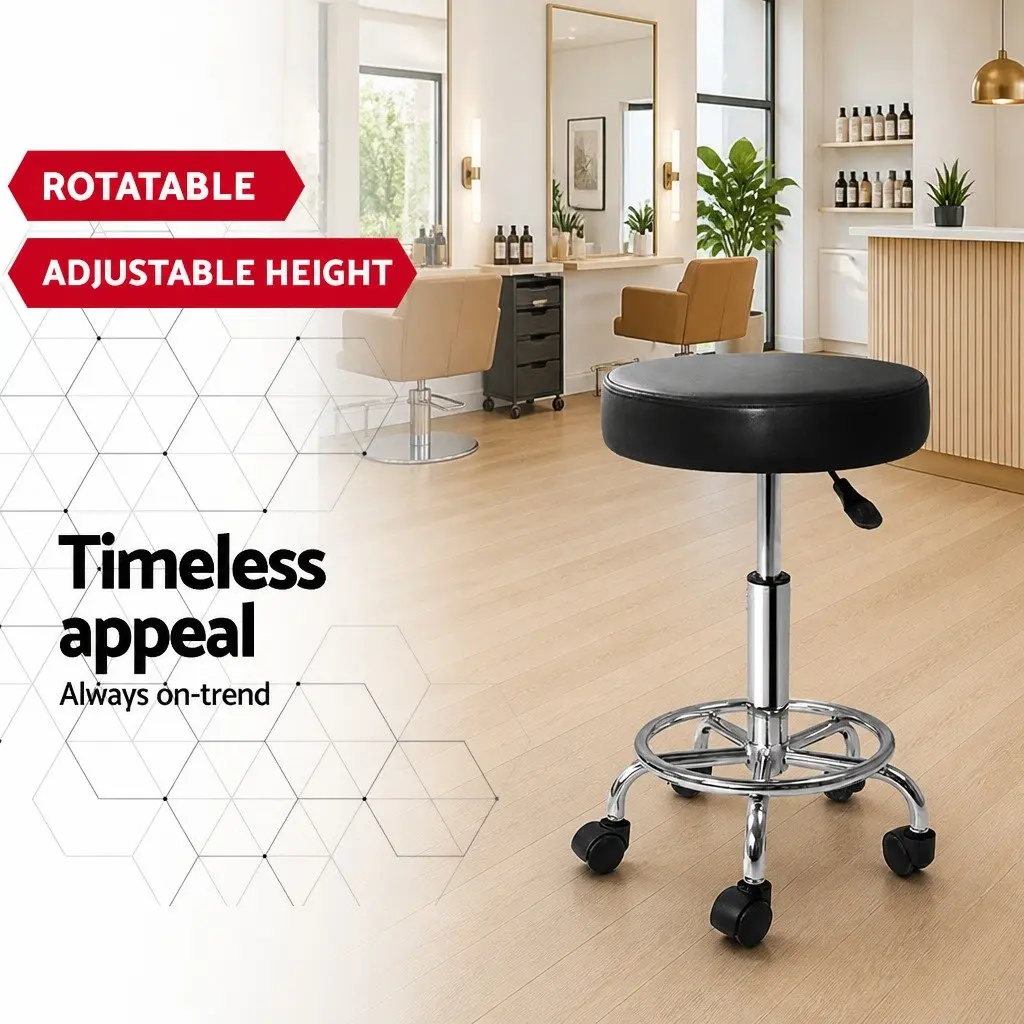Salon Stool Adjustable Height Round Swivel Chair with Five Castor Wheels Black