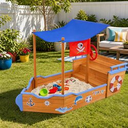 Kids Wooden Boat Sandbox with Canopy Bench Seat Steering Wheel Ground Sheet