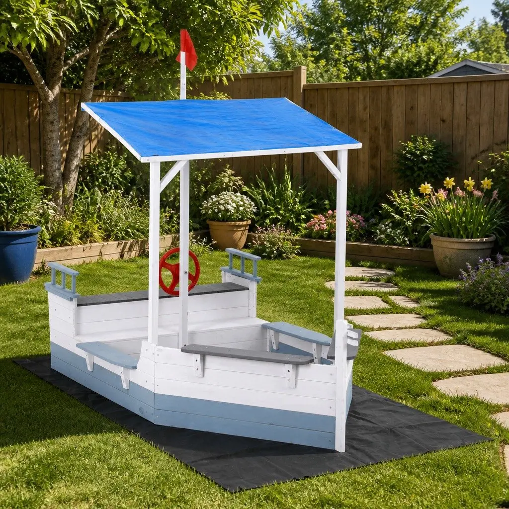 Kids Wooden Sandbox Boat-Shaped Outdoor Play Canopy Blue White