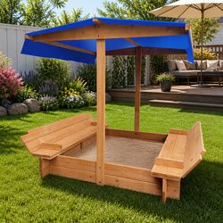 Kids Canopy Sandbox 120cm Wooden Sand Pit Outdoor Play Foldable Seat Cover