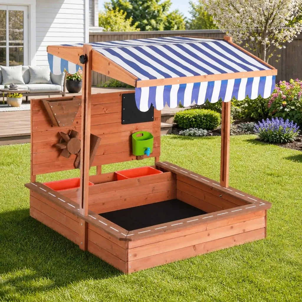 Wooden Sandbox 110cm Adjustable Canopy Water Resistant Cover with Sand Funnel Drawing Board and Plastic Sinks for Outdoor Play