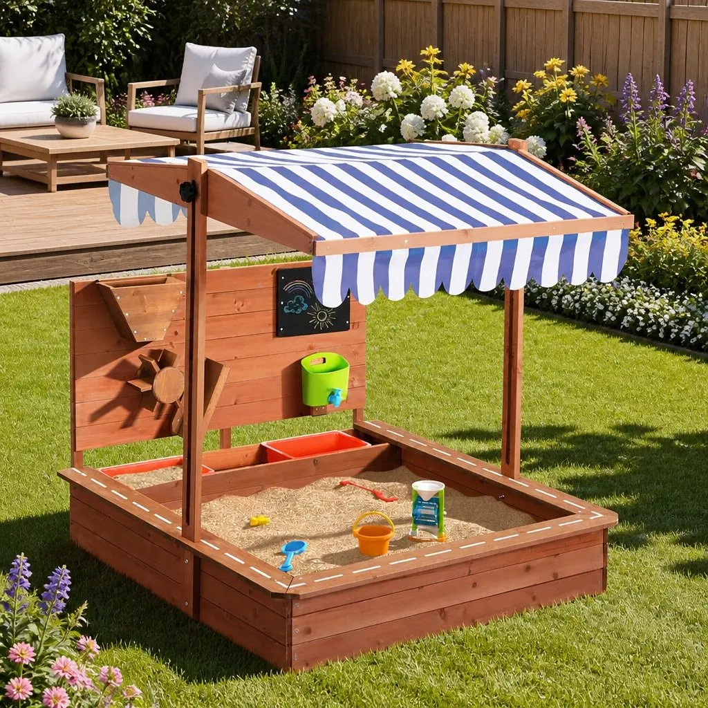 Wooden Sandbox 110cm Adjustable Canopy Water Resistant Cover with Sand Funnel Drawing Board and Plastic Sinks for Outdoor Play