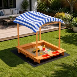 Wooden Sandbox for Kids with Dual Basin and Canopy