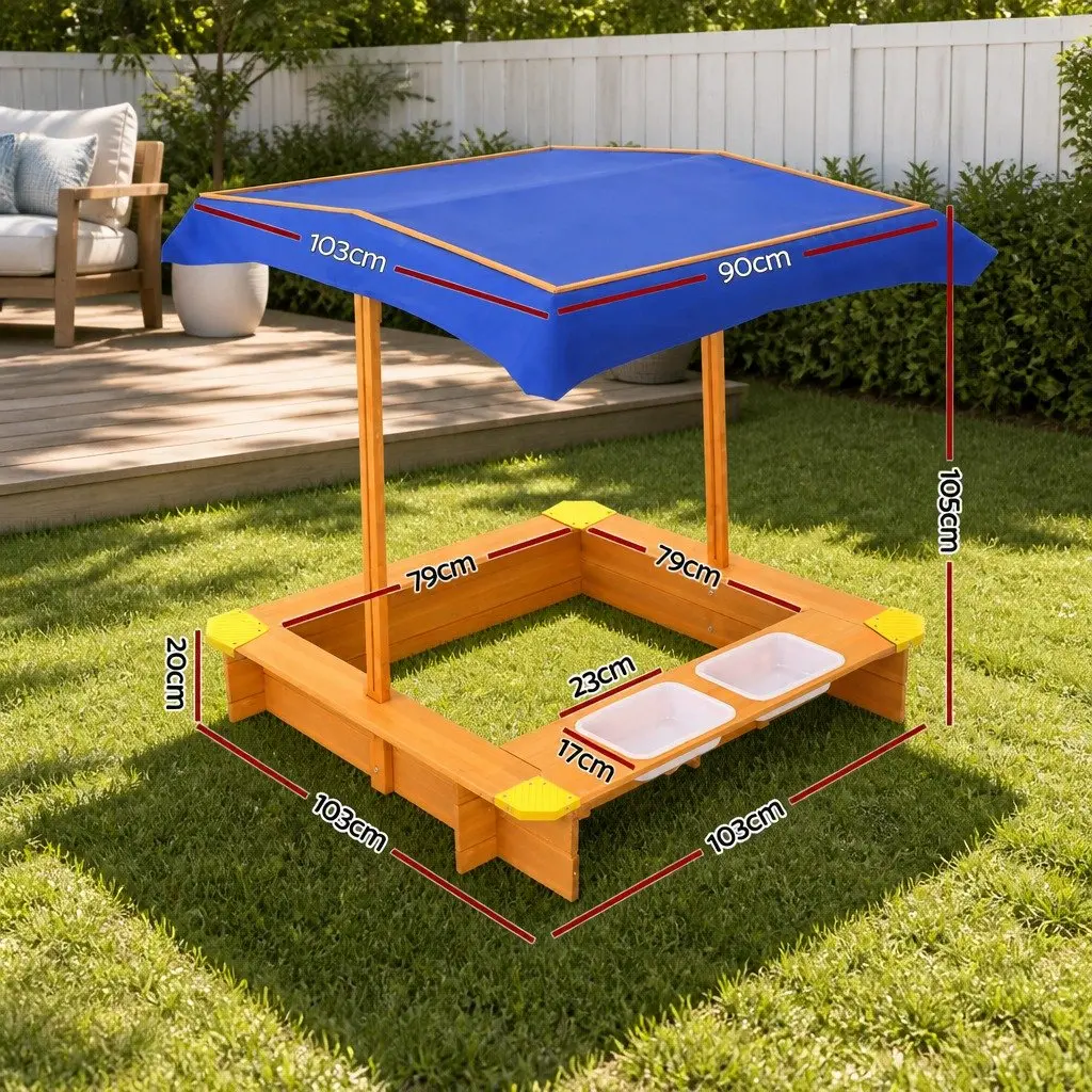 Kids Sandbox 103cm Adjustable Canopy Dual Water Basins Outdoor Play Equipment