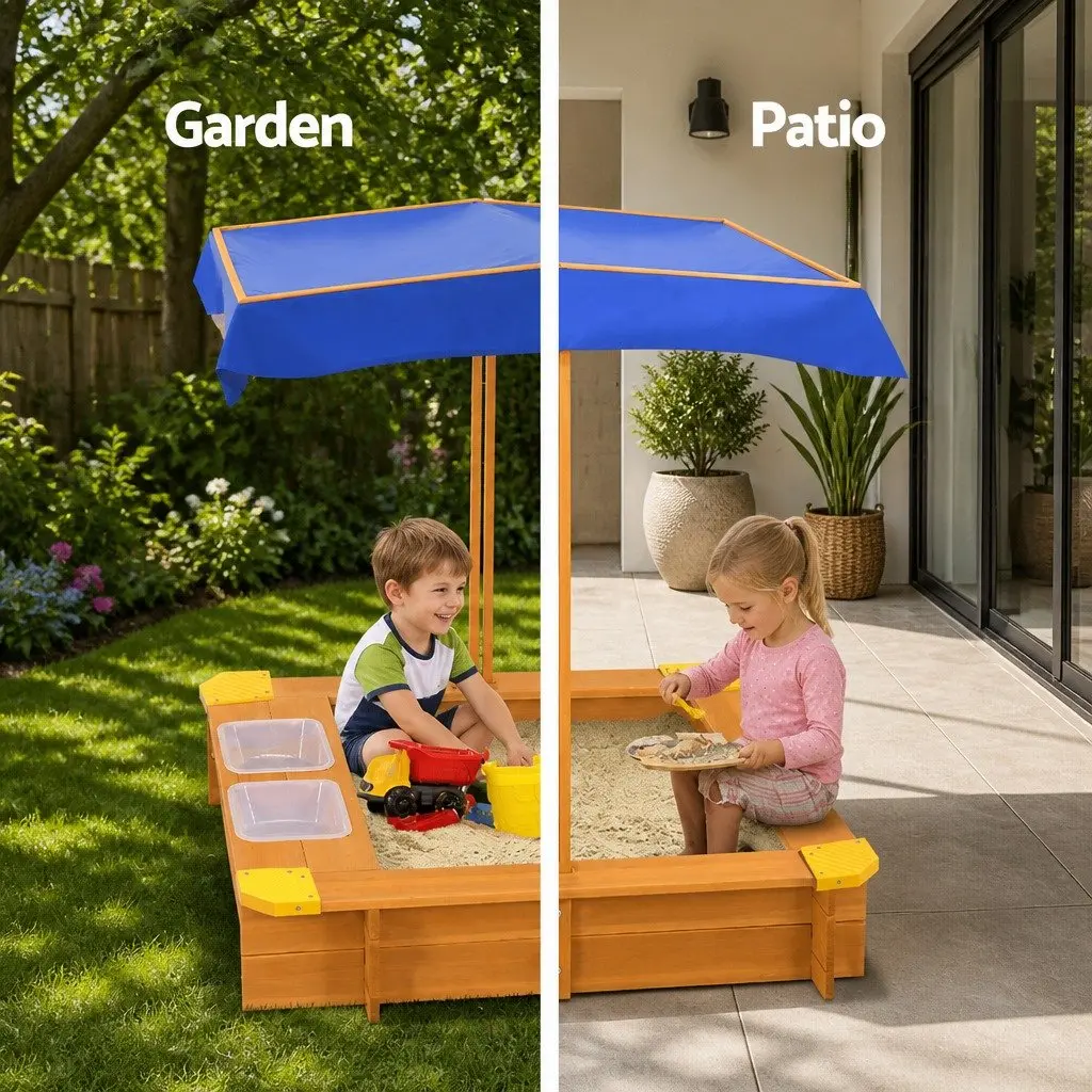 Kids Sandbox 103cm Adjustable Canopy Dual Water Basins Outdoor Play Equipment