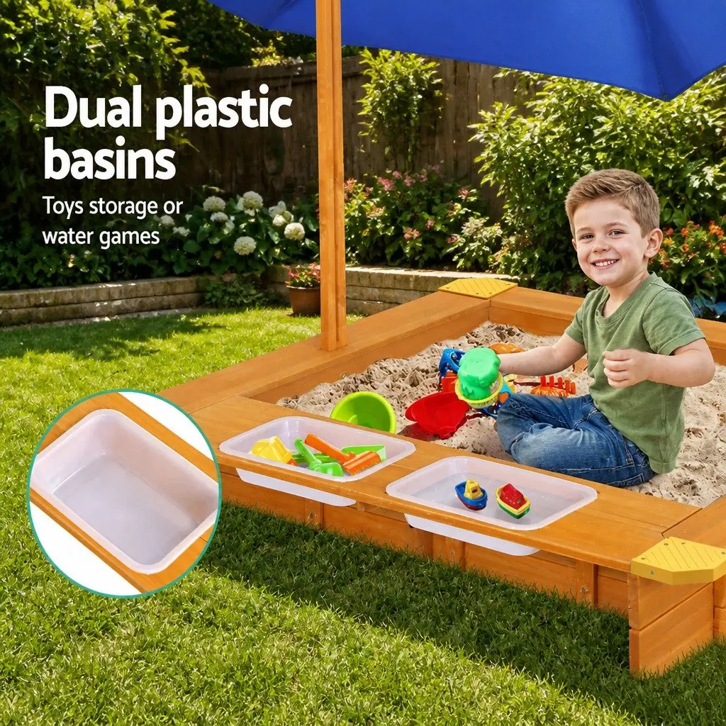 Kids Sandbox 103cm Adjustable Canopy Dual Water Basins Outdoor Play Equipment