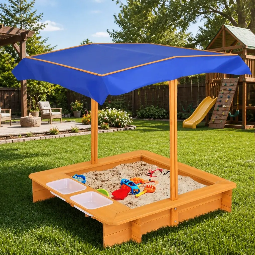 Kids Sandbox 103cm Adjustable Canopy Dual Water Basins Outdoor Play Equipment