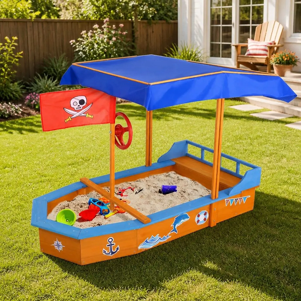 Kids Wooden Boat Sandbox 150cm with Canopy Bench Seating for Outdoor Play