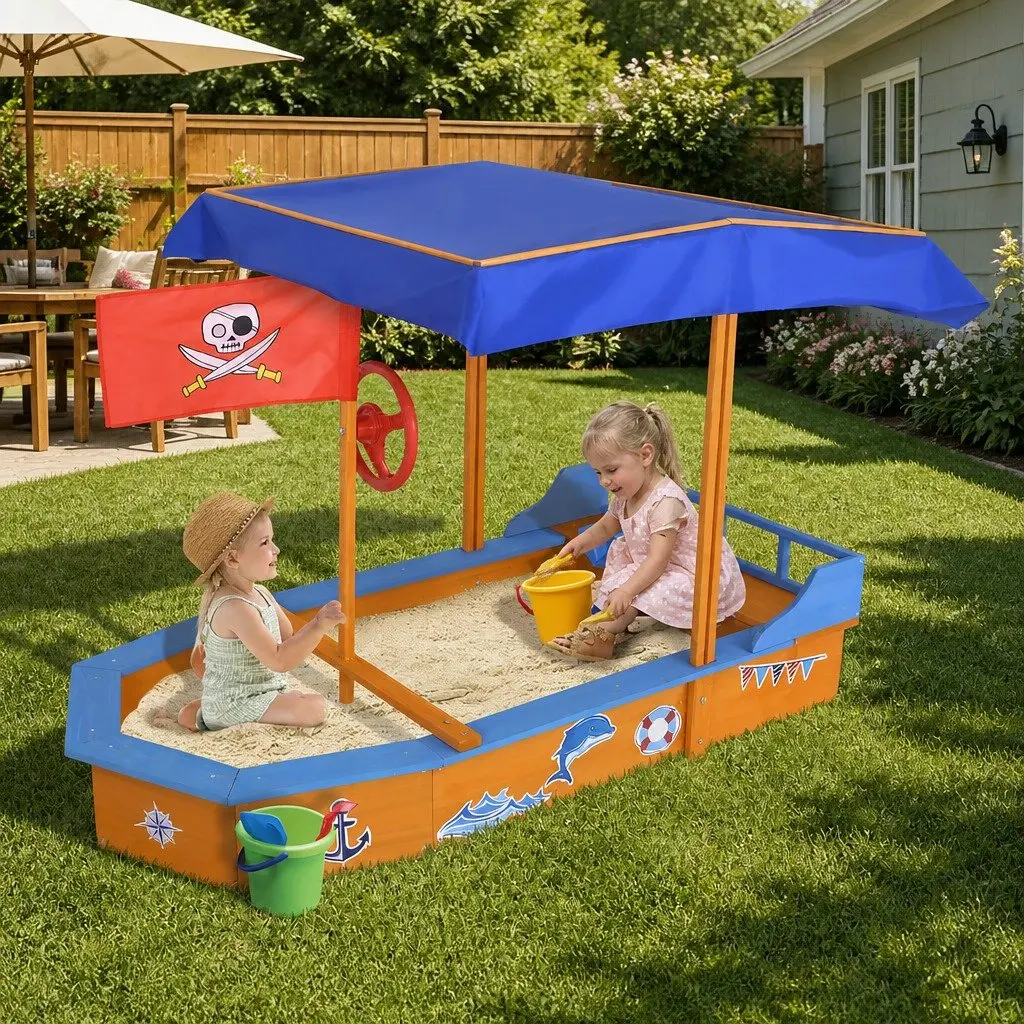 Kids Wooden Boat Sandbox 150cm with Canopy Bench Seating for Outdoor Play