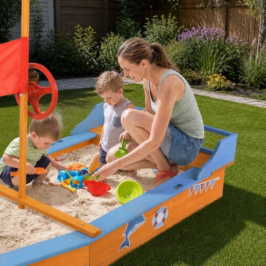 Kids Wooden Boat Sandbox 150cm with Canopy Bench Seating for Outdoor Play