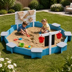 Kids Wooden Round Sandpit Sand Pit with Funnel Bench Seat Outdoor Play 215cm