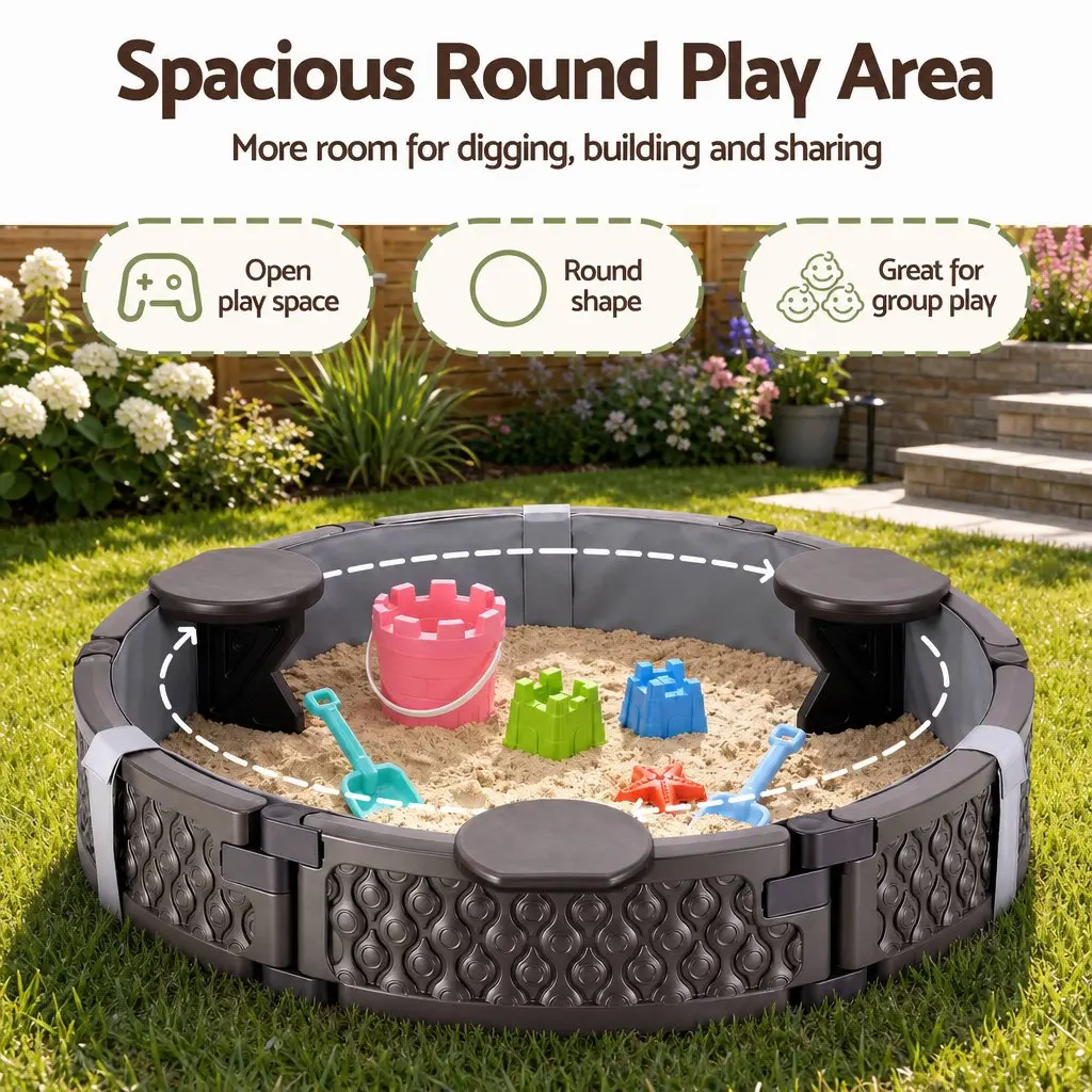 Kids Outdoor Sandbox Round 121cm Sandpit 3 Seats Brown Cover Liner Backyard