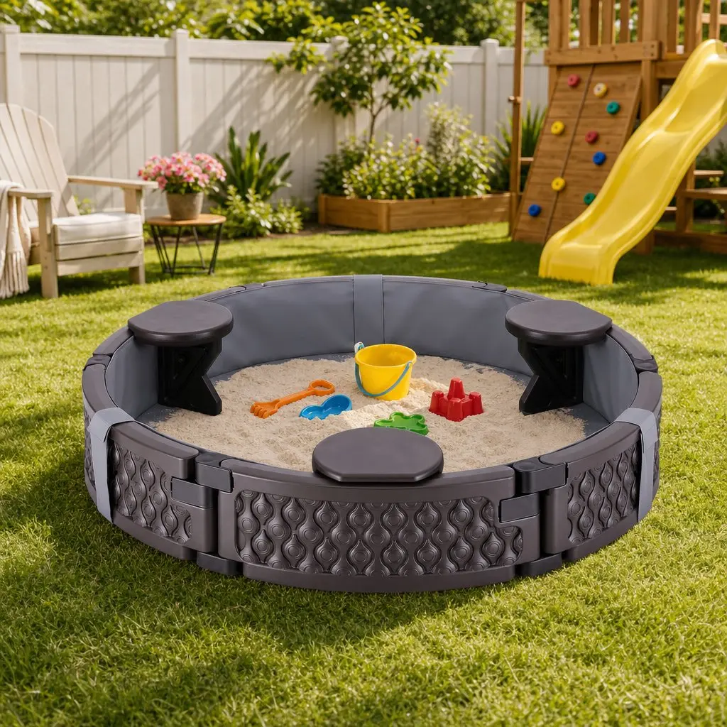 Kids Outdoor Sandbox Round 121cm Sandpit 3 Seats Brown Cover Liner Backyard
