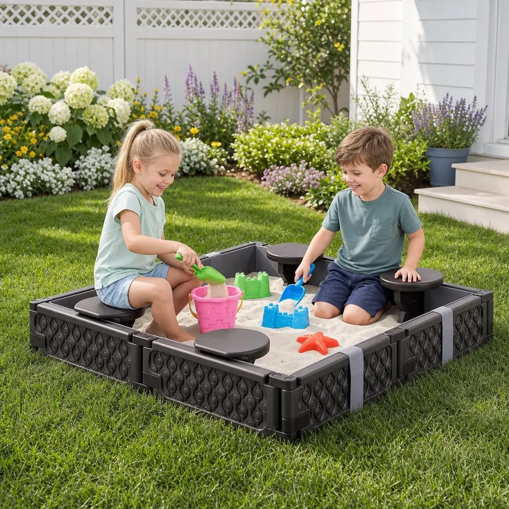 Kids Square Sandbox with 4 Seats Grey Cloth Liner Outdoor Play Area Brown