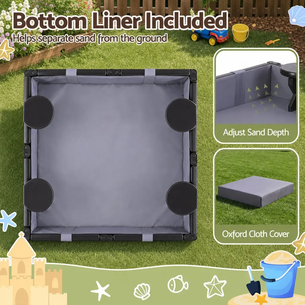 Kids Square Sandbox with 4 Seats Grey Cloth Liner Outdoor Play Area Brown