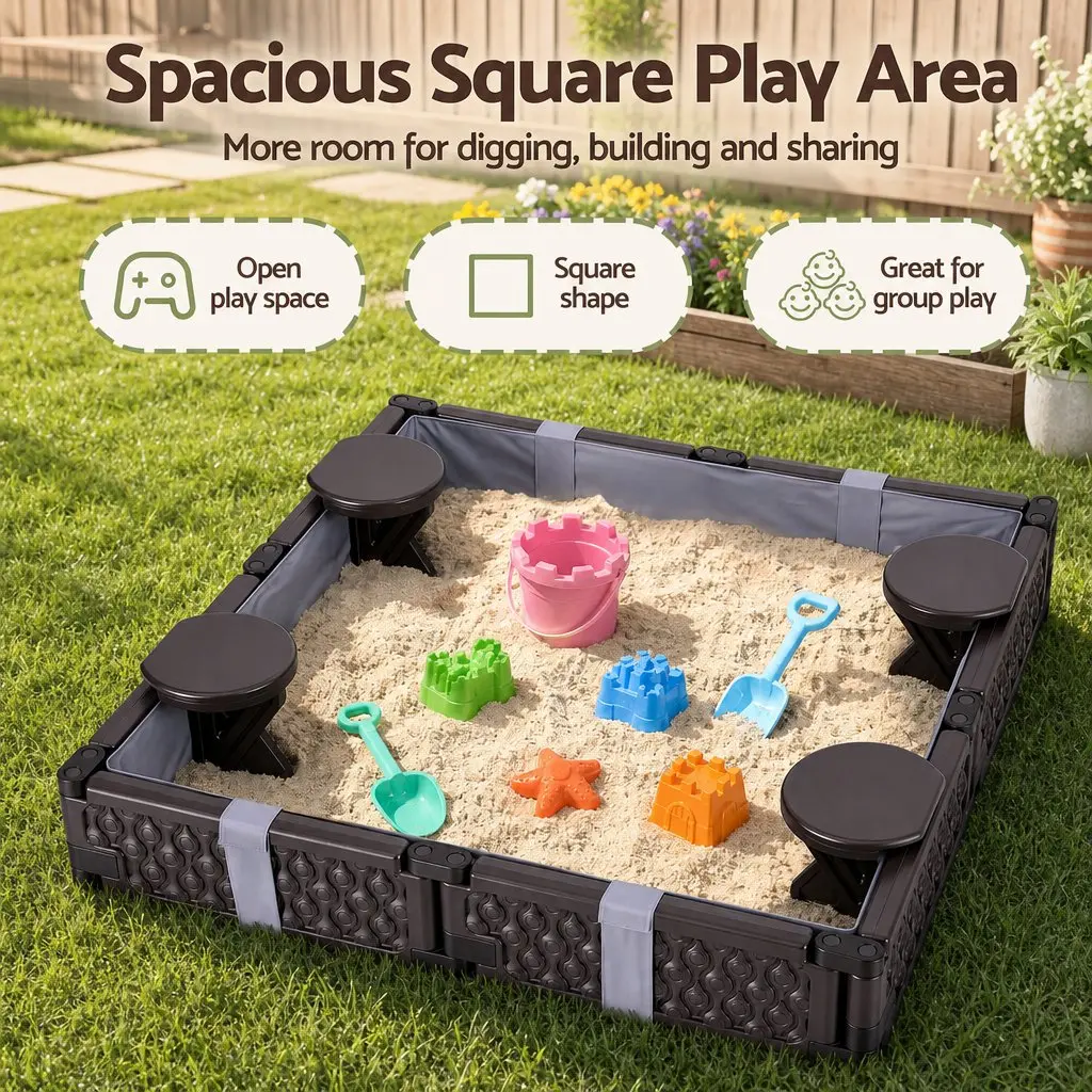 Kids Square Sandbox with 4 Seats Grey Cloth Liner Outdoor Play Area Brown