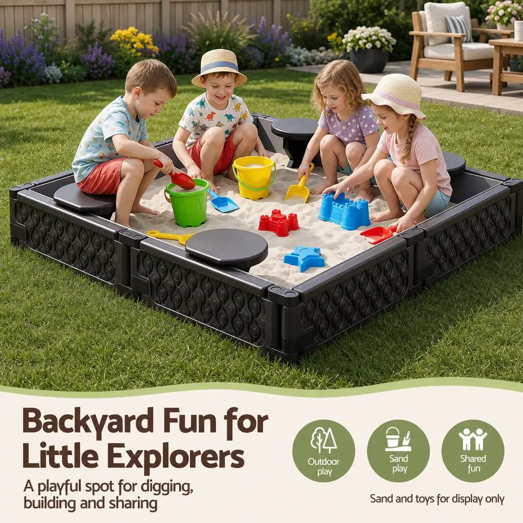 Kids Square Sandbox with 4 Seats Grey Cloth Liner Outdoor Play Area Brown