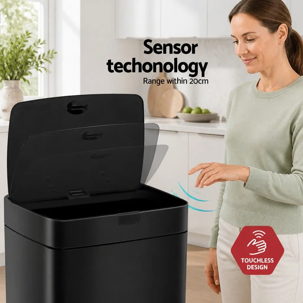 Automatic Bin 45L Hands-Free Motion Sensor Black Steel Soft Close