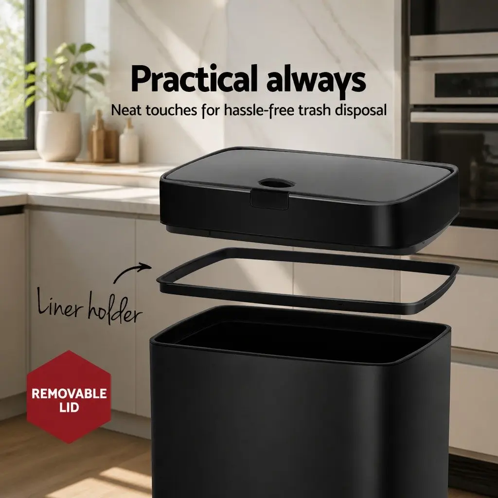 Automatic Bin 45L Hands-Free Motion Sensor Black Steel Soft Close