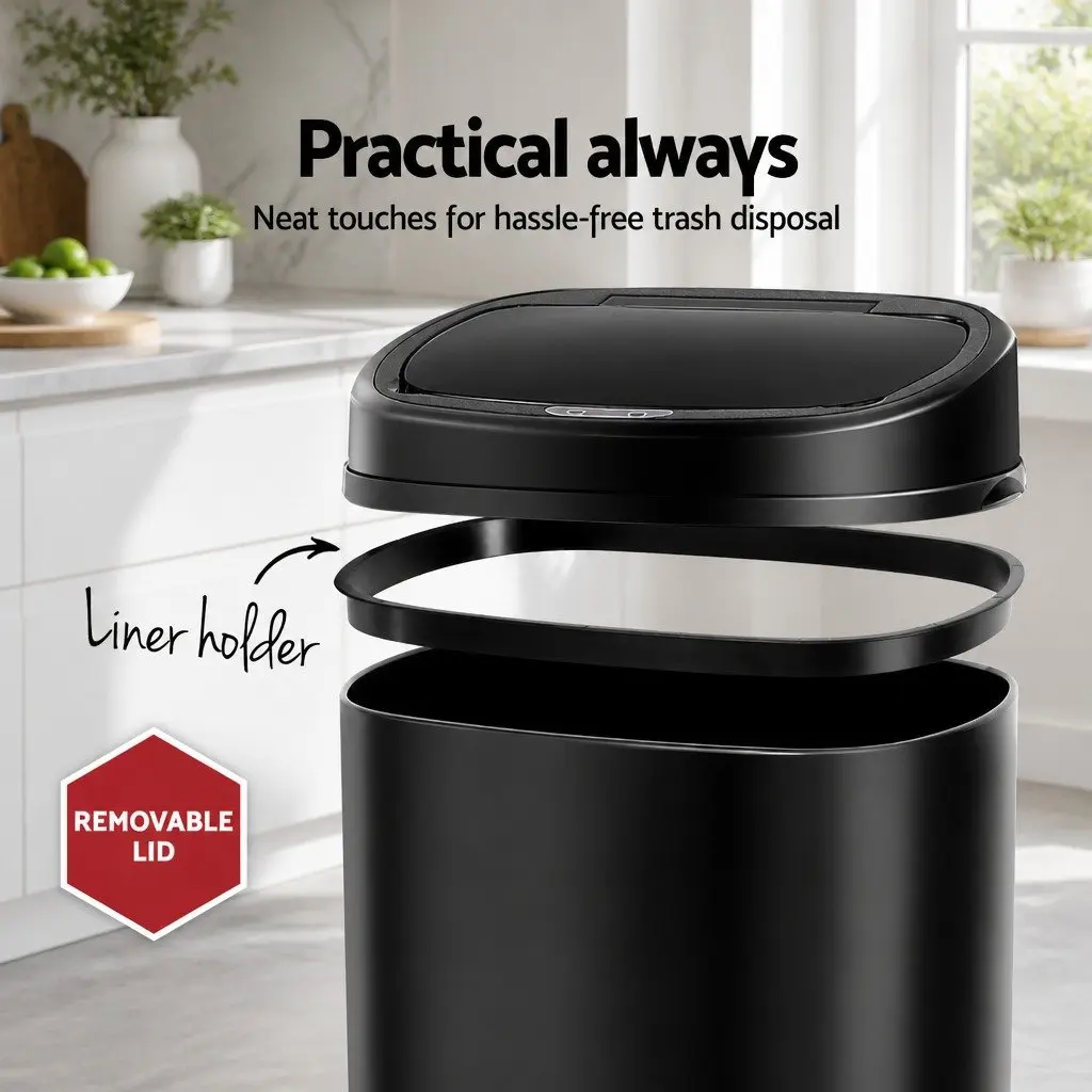 Automatic Rubbish Bin 58L Hands-Free Motion Sensor Black Steel
