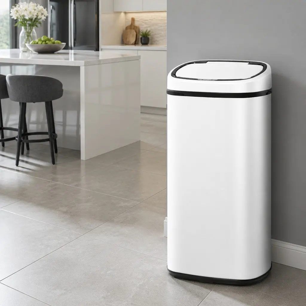 Automatic Rubbish Bin 68L Motion Sensor Hands-Free White Steel