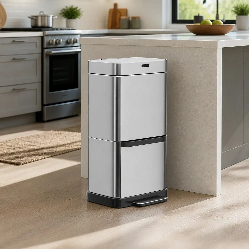 Automatic Recycling Bin 70L Hands-Free Motion Sensor Dual Compartment Silver