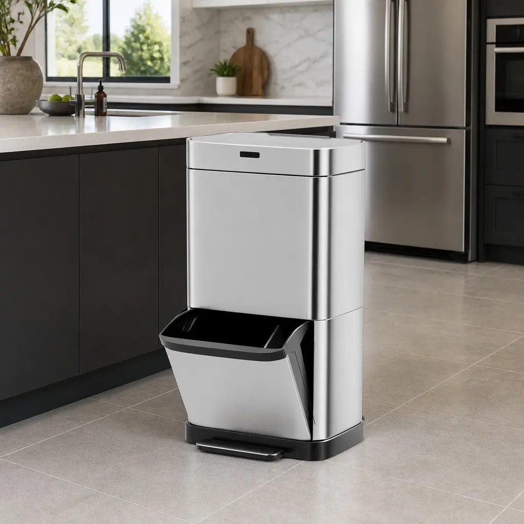 Automatic Recycling Bin 70L Hands-Free Motion Sensor Dual Compartment Silver