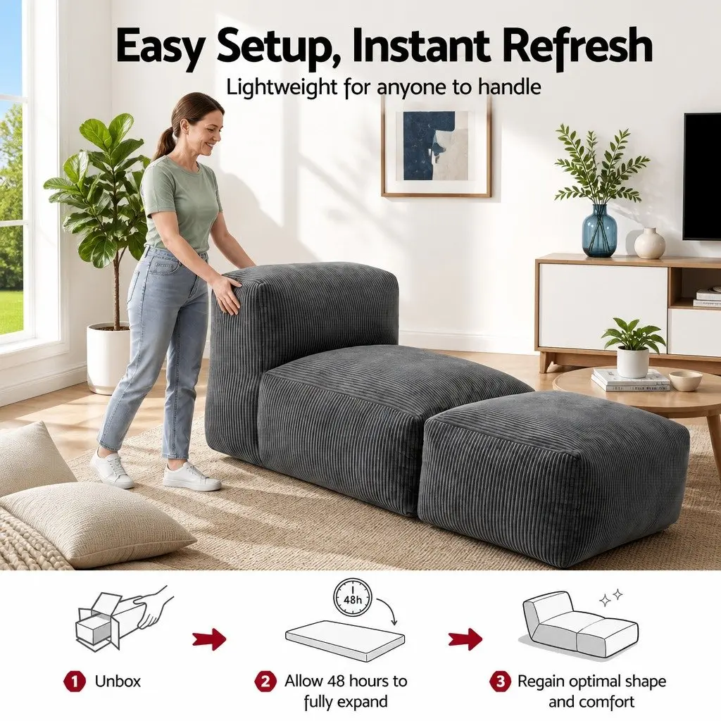 Foldable Bean Bag Sofa Bed Grey Compact Boneless Couch